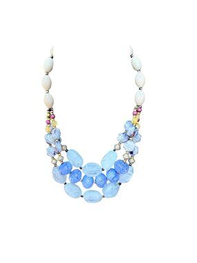 Necklace Blue Cream Multi Strand Beaded Layered Statement Jewelry 18 inches